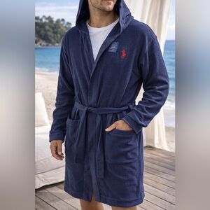 Polo Ralph Lauren Navy Waffle Knit Hooded Robe Sleepwear S/M NWT
